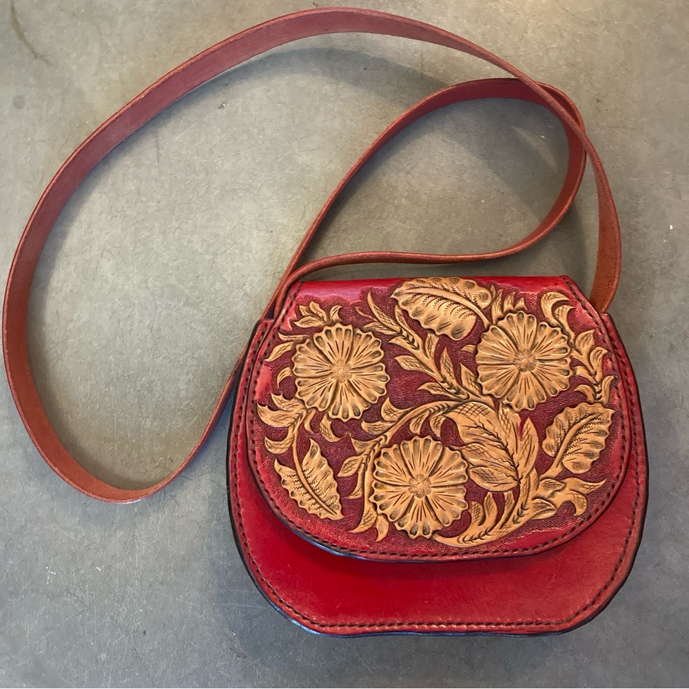 Handcrafted handmade Handtooled Floral Red Leather Bag